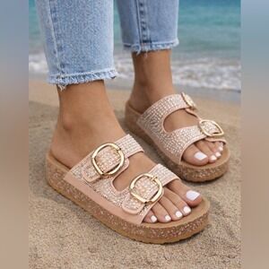 Forever Comfort Women's Pearl Embellished Platform Slide Sandals Size 5 New